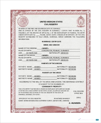 Премиум Скачать Объединенный Mexican States Civil Registry Marriage Certificate Photoshop Шаблон