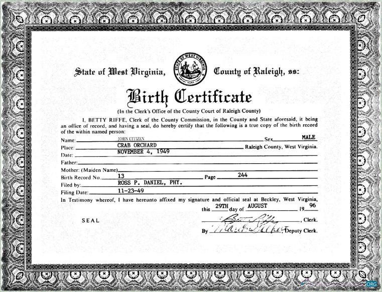 Качественный Скачать США Clerk's Office Западный Virginia Birth Certificate Photoshop Шаблон