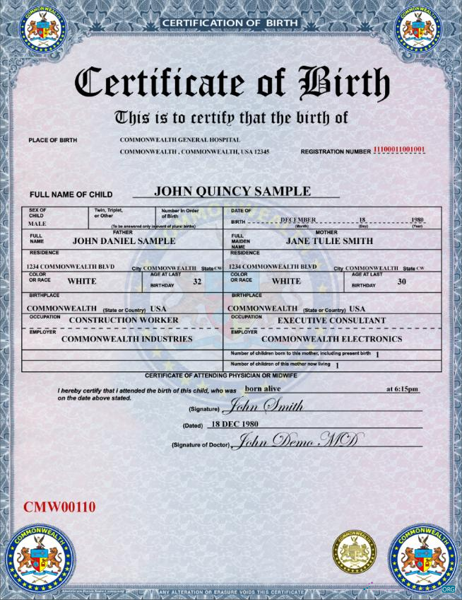Профессиональный Скачать США Коммонвелт General Hospital Birth Certificate Photoshop Шаблон