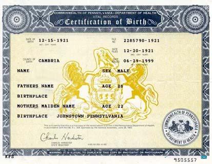 Реалистичный Скачать США Коммонвелт Pennsylvania Birth Certificate Photoshop Шаблон