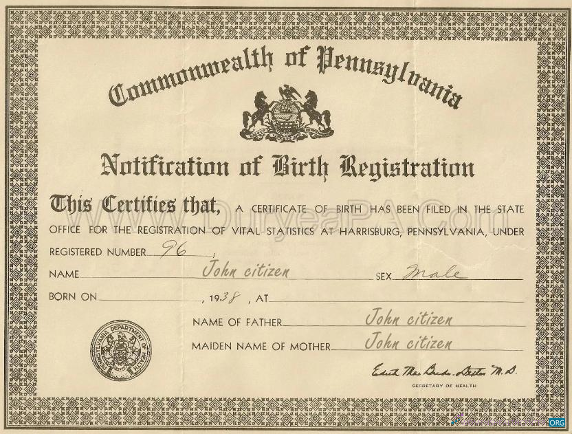 Профессиональный Скачать США Коммонвелт Pennsylvania Certificate Birth Registration Photoshop Шаблон