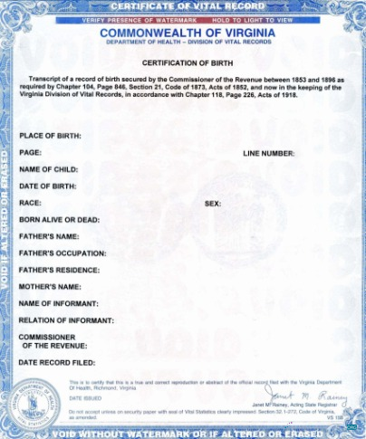 Редактируемый Скачать США Коммонвелт Virginia Birth Certificate Photoshop Шаблон