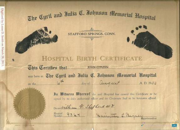 Профессиональный Скачать США Cyril и Julia Johnson Memorial Hospital Birth Certificate Photoshop Шаблон
