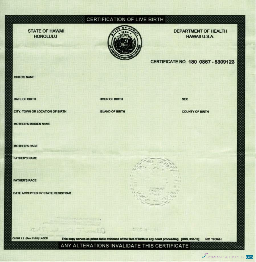 Редактируемый Скачать США Департамент Health Hawaii Certification Birth Photoshop Шаблон
