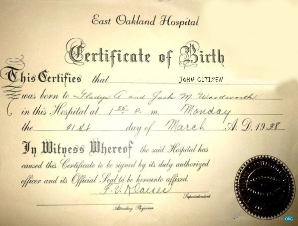 Премиум Скачать США Восточный Oakland Hospital Birth Certificate Photoshop Шаблон