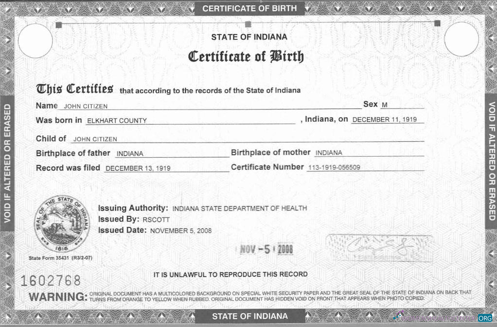 Профессиональный Скачать США Indiana Государственный Департамент Health Birth Certificate Photoshop Шаблон