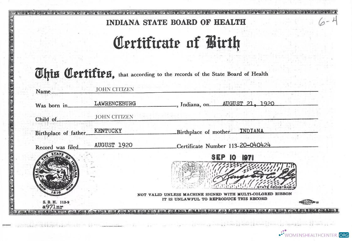 Редактируемый Скачать США Indiana Государственный Совет Health Birth Certificate Photoshop Шаблон