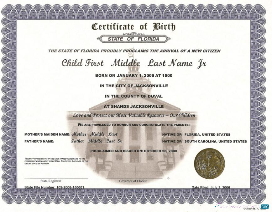 Редактируемый Скачать США Registrar Florida Birth Certificate Photoshop Шаблон