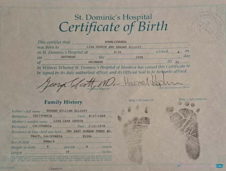 Качественный Скачать США St. Dominic's Hospital Birth Certificate Photoshop Шаблон