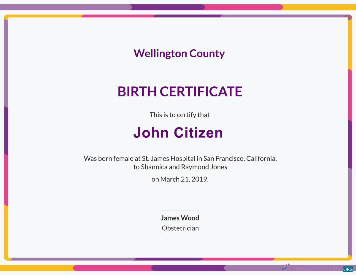 Редактируемый Скачать США St. James Hospital Birth Certificate Photoshop Шаблон