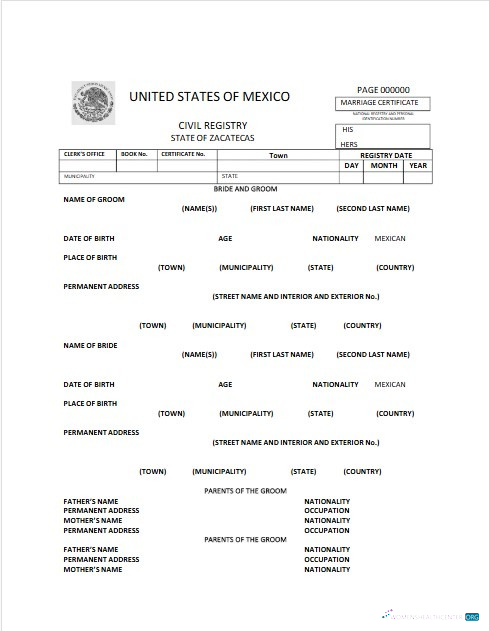 Профессиональный Скачать США Мексика Civil Registry Zacatecas Marriage Certificate Photoshop Шаблон