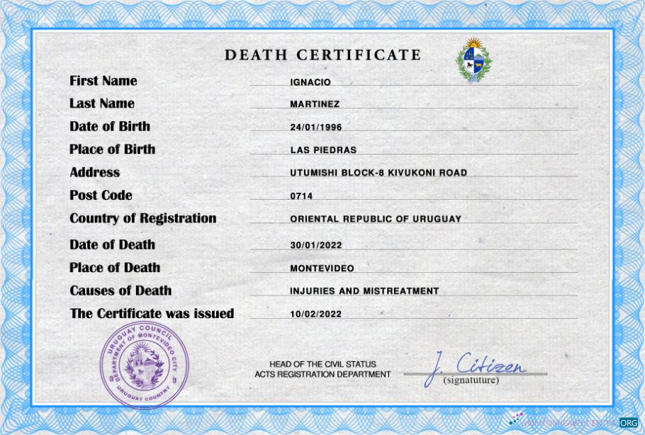 Качественный Скачать Уругвай Death Certificate Photoshop Шаблон