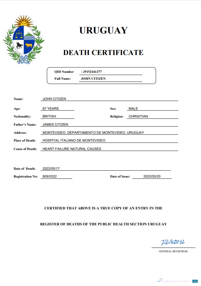 Реалистичный Скачать Уругвай Death Certificate Word и PDF Шаблон Photoshop Шаблон