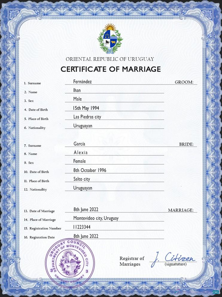 Качественный Скачать Уругвай Marriage Certificate PSD Шаблон Photoshop Шаблон