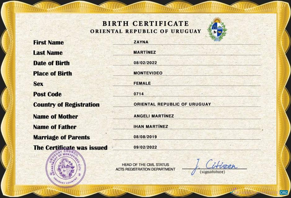 Качественный Скачать Уругвай Vital Record Birth Certificate PSD Шаблон Photoshop Шаблон