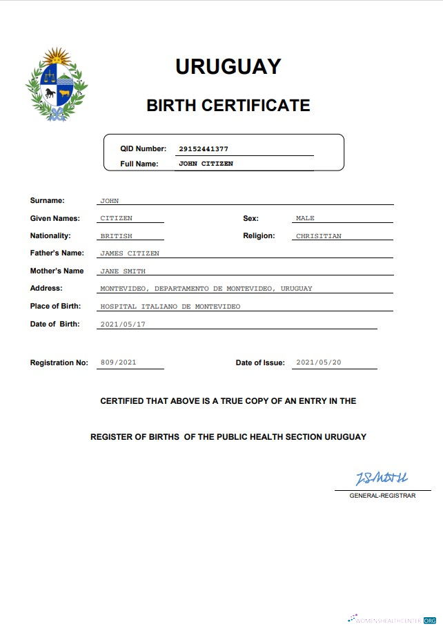 Редактируемый Скачать Уругвай Vital Record Birth Certificate Word и PDF Шаблон Photoshop Шаблон