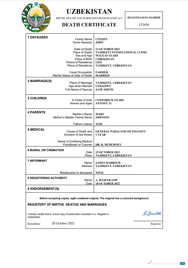 Премиум Скачать Узбекистан Vital Record Death Certificate Word и PDF Шаблон Photoshop Шаблон