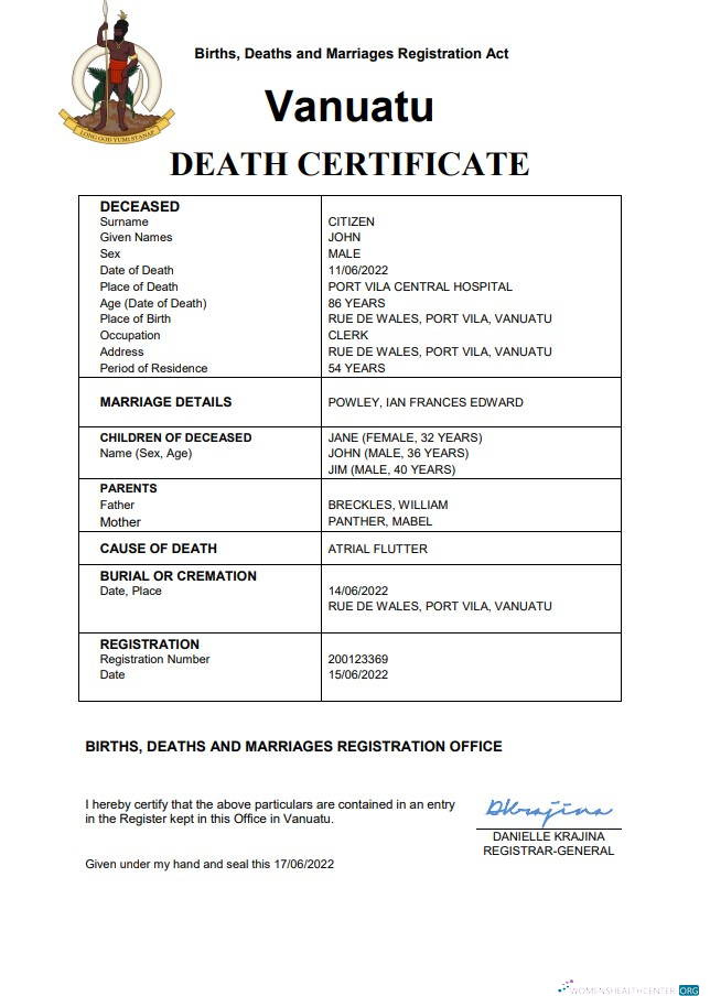 Качественный Скачать Вануату Death Certificate Word и PDF Шаблон Photoshop Шаблон