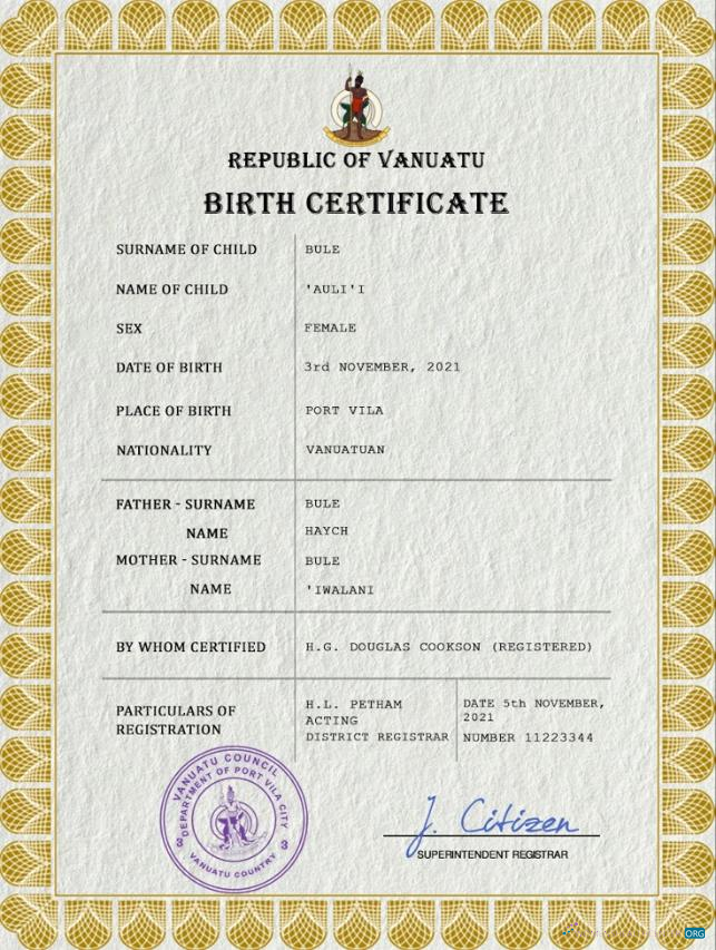 Профессиональный Скачать Вануату Vital Record Birth Certificate PSD Шаблон Photoshop Шаблон