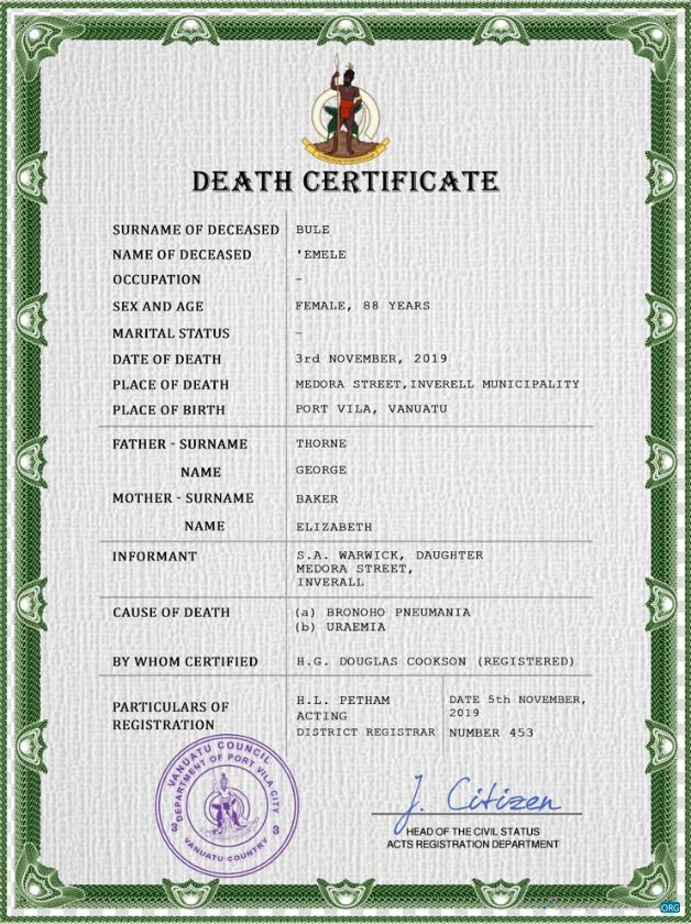 Редактируемый Скачать Вануату Vital Record Death Certificate PSD Шаблон Photoshop Шаблон