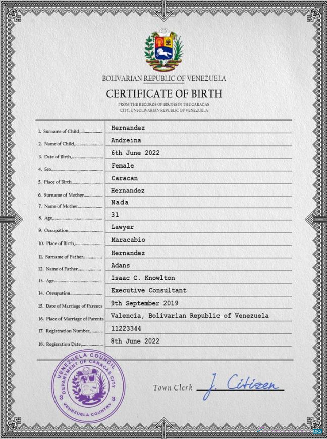 Профессиональный Скачать Венесуэла Birth Certificate Photoshop Шаблон