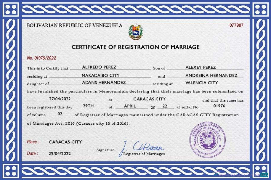 Реалистичный Скачать Венесуэла Marriage Certificate PSD Шаблон Photoshop Шаблон