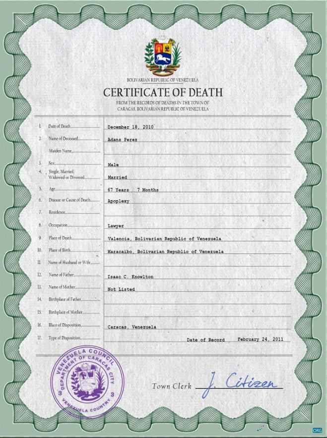 Профессиональный Скачать Венесуэла Vital Record Death Certificate PSD Шаблон Photoshop Шаблон