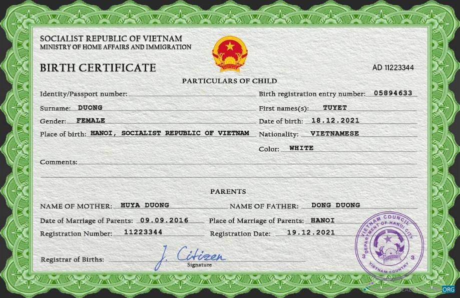 Профессиональный Скачать Вьетнам Birth Certificate PSD Шаблон Photoshop Шаблон