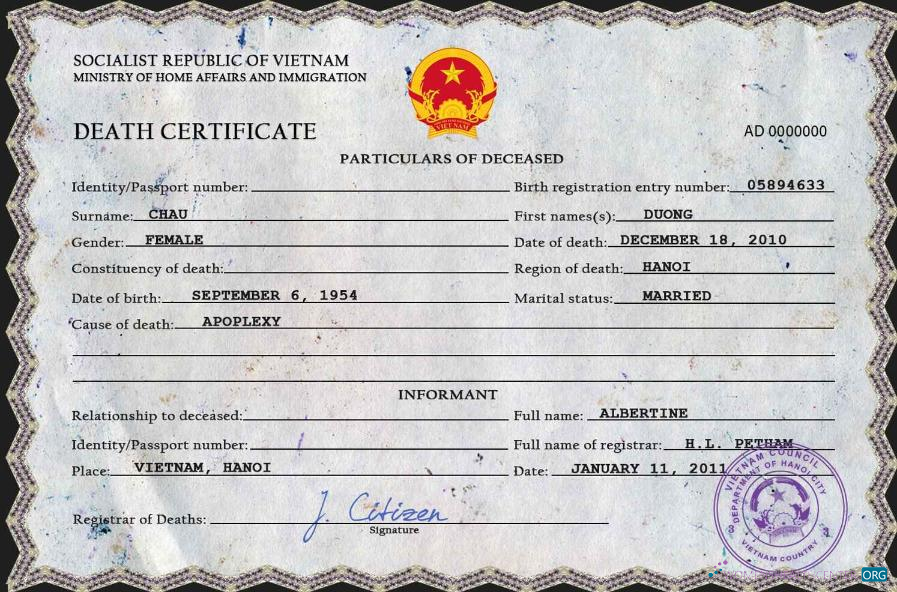 Качественный Скачать Вьетнам Death Certificate PSD Шаблон Photoshop Шаблон
