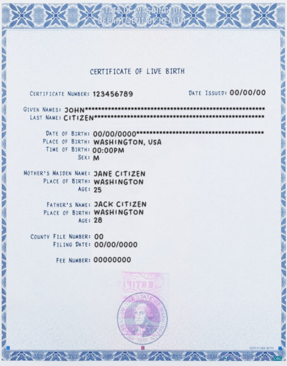 Редактируемый Скачать Washington Certificate Live Birth Photoshop Шаблон