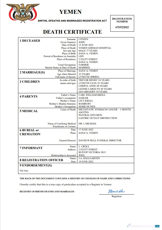 Премиум Скачать Йемен Death Certificate Word и PDF Шаблон Photoshop Шаблон