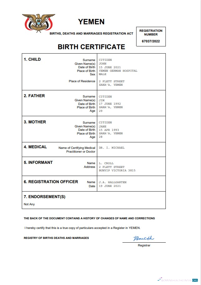 Реалистичный Скачать Йемен Vital Record Birth Certificate Word и PDF Шаблон Photoshop Шаблон