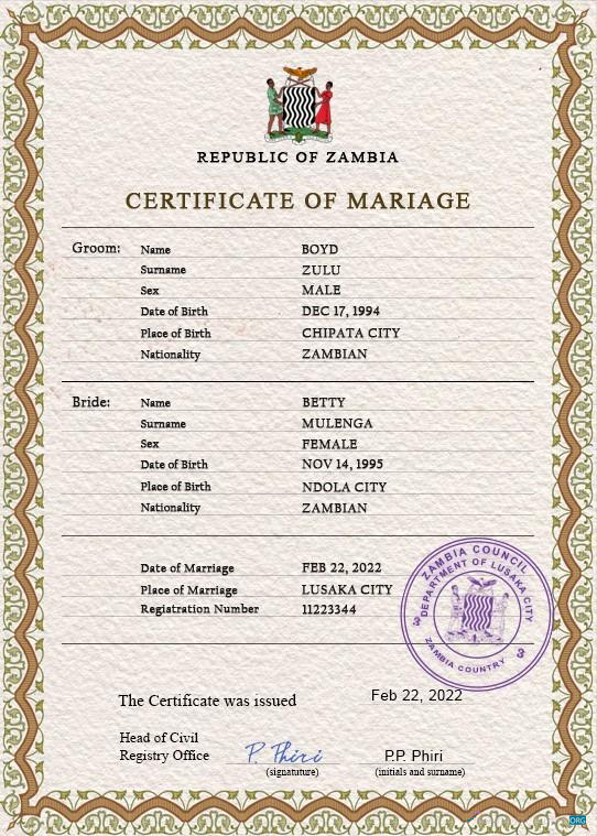 Реалистичный Скачать Замбия Marriage Certificate PSD Шаблон Photoshop Шаблон