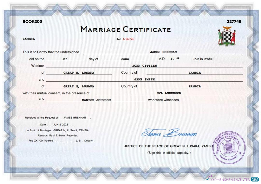 Профессиональный Скачать Замбия Marriage Certificate Word и PDF Шаблон Photoshop Шаблон