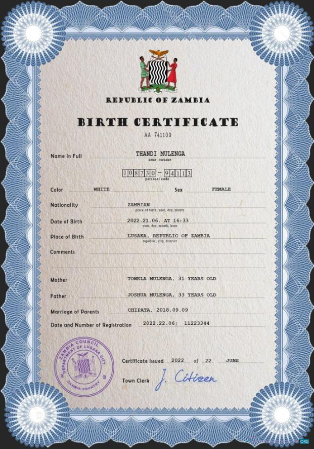 Редактируемый Скачать Замбия Vital Record Birth Certificate PSD Шаблон Photoshop Шаблон