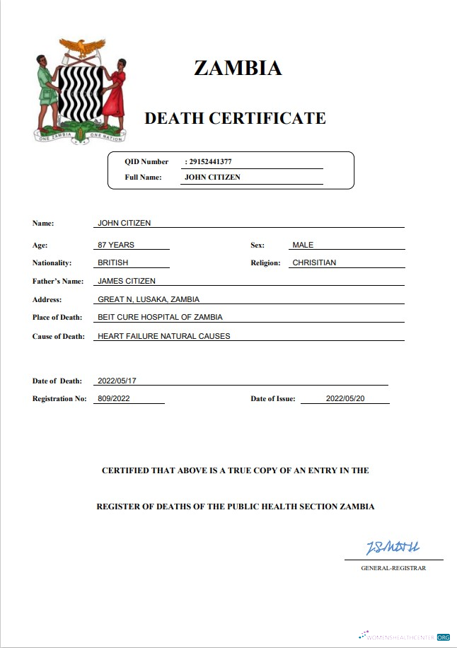 Профессиональный Скачать Замбия Vital Record Death Certificate Word и PDF Шаблон Photoshop Шаблон