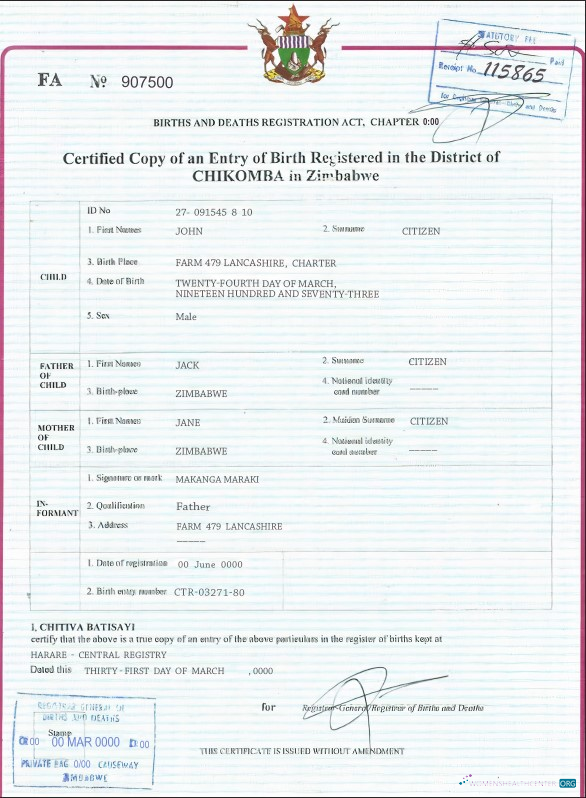 Профессиональный Скачать Зимбабве Birth Certificate Шаблон в PSD Формат Photoshop Шаблон