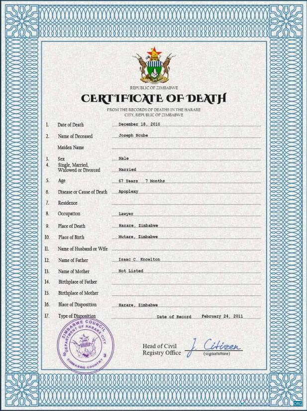 Редактируемый Скачать Зимбабве Death Certificate PSD Шаблон Photoshop Шаблон