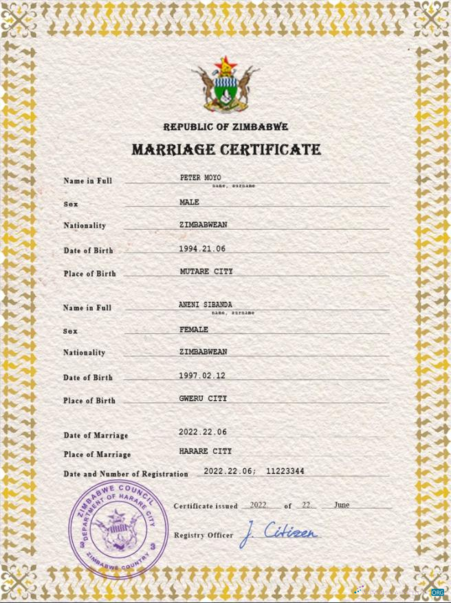 Профессиональный Скачать Зимбабве Marriage Certificate PSD Шаблон Photoshop Шаблон