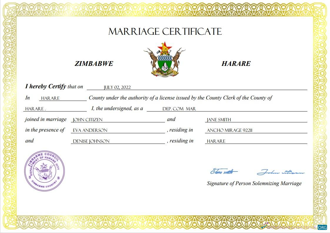 Реалистичный Скачать Зимбабве Marriage Certificate Word и PDF Шаблон Photoshop Шаблон
