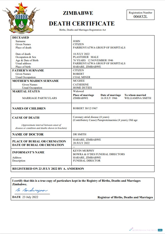 Профессиональный Скачать Зимбабве Vital Record Death Certificate Word и PDF Шаблон Photoshop Шаблон