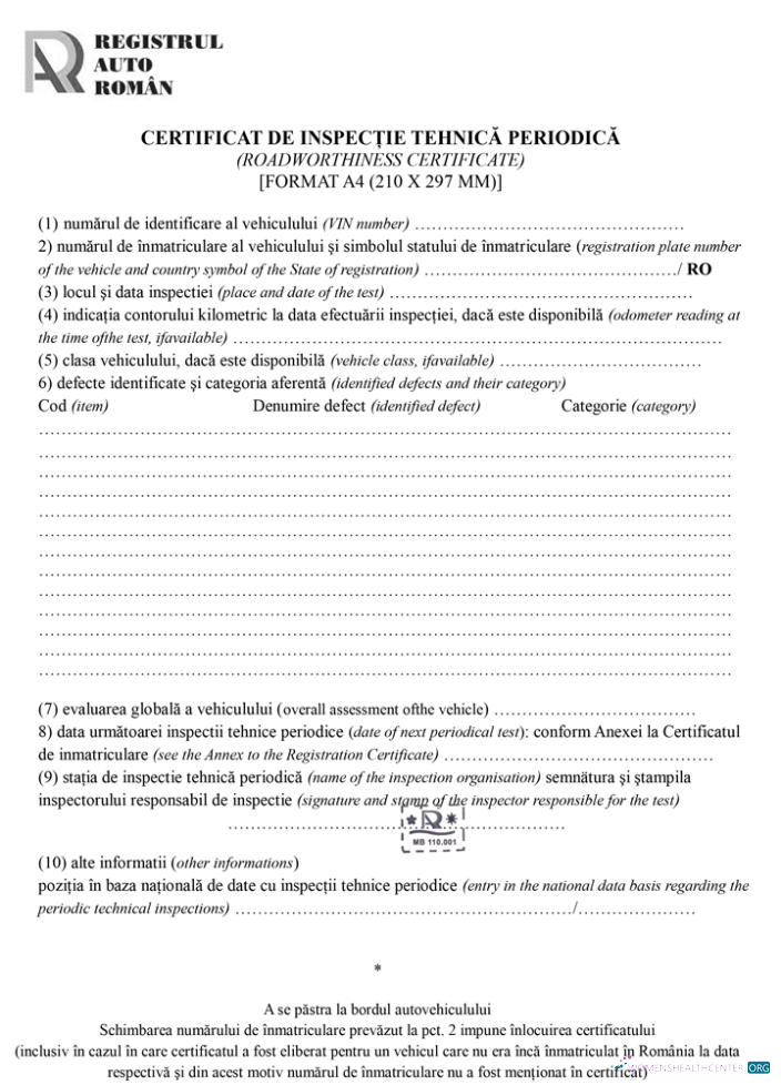 Румыния Registrul Auto Român Periodic Technical Inspection Certificate (roadworthiness Certificate) Scr макет