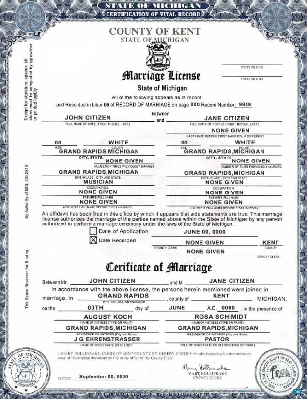 Реалистичный USA Государственный Michigan Kent Каунти Marriage Certificate Шаблон в PSD Формат, Fully Editable, Версия 2