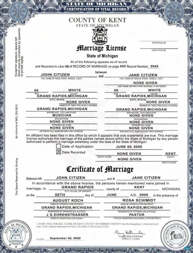 Качественный USA Государственный Michigan Kent Каунти Marriage Certificate Шаблон в PSD Формат, Fully Editable