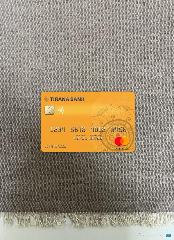 Realistische Herunterladen Albanien Tirana Bank Mastercard Foto-Look Vorderseite Photoshop Vorlage