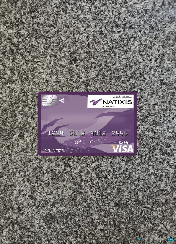 Realistische Herunterladen Algerien Natixis Algérie Bank Visa Karte Foto-Look Vorderseite Photoshop Vorlage