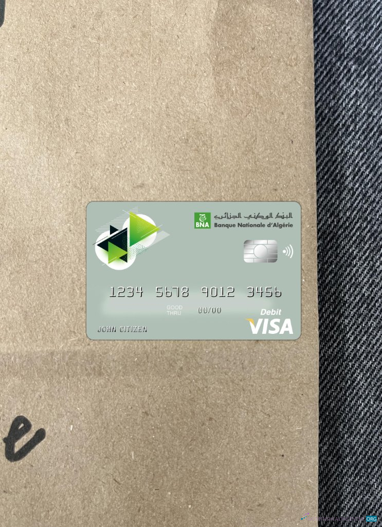 Professionelle Herunterladen Algerien Banque Nationale D’Algérie (BNA) Bank Visa Karte Foto-Look Vorderseite Photoshop Vorlage