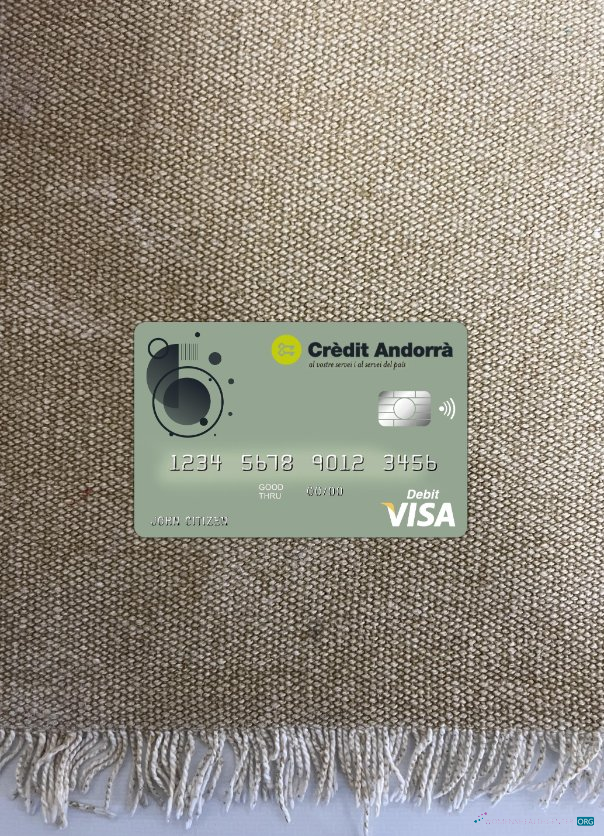Realistische Herunterladen Andorra Kredit Andorra Bank Visa Karte Foto-Look Vorderseite Photoshop Vorlage