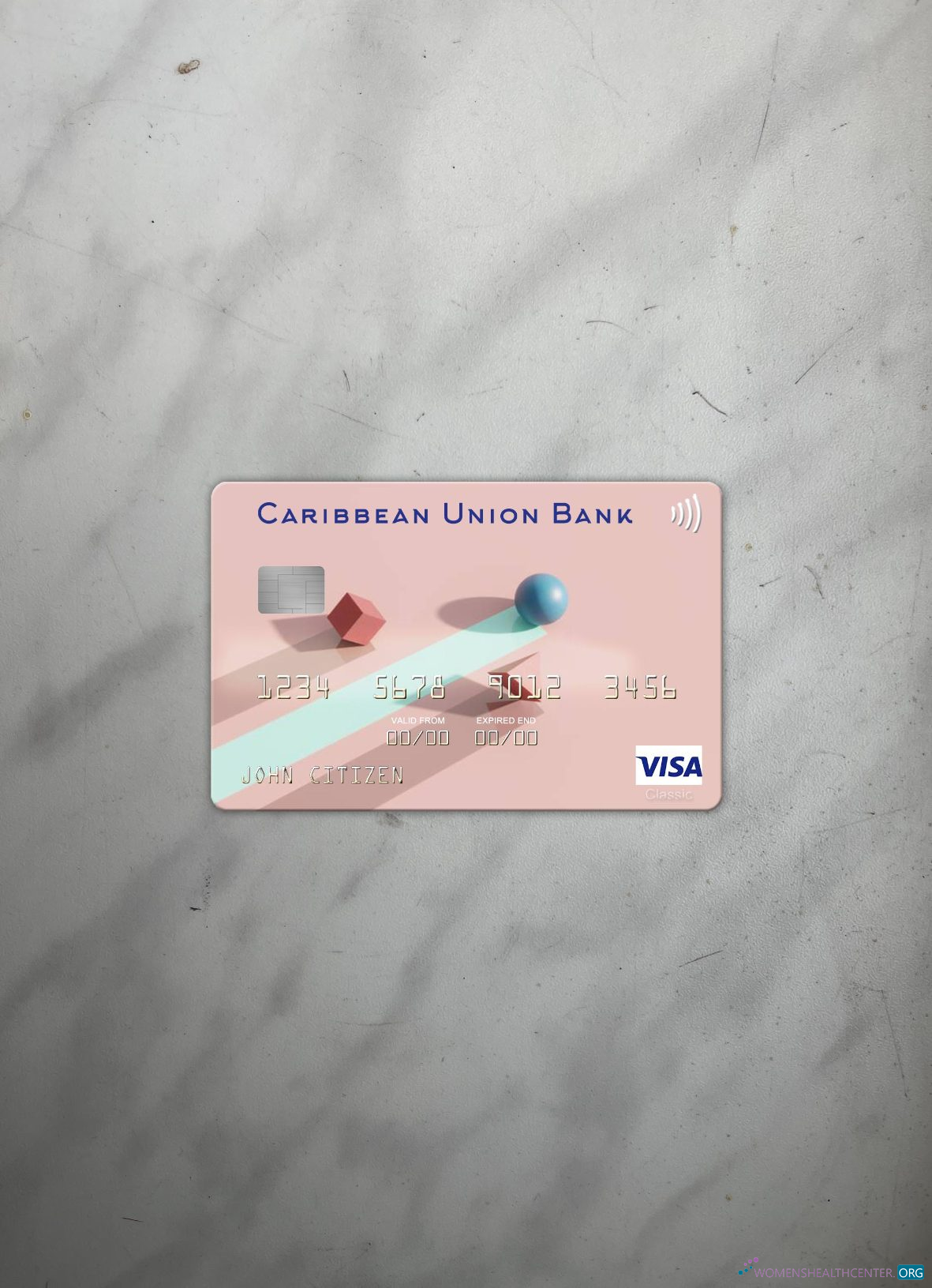 Realistische Herunterladen Antigua und Barbuda Caribbean Union Bank Visa Karte Foto-Look Vorderseite Photoshop Vorlage