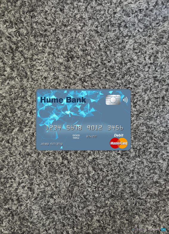 Realistische Herunterladen Australien Hume Bank Master Karte Foto-Look Vorderseite Photoshop Vorlage